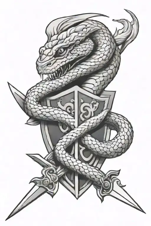 full shoulder tattoo of a cobra snake behind a sheild stabbed with a sword  tattoo design idea