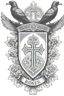 Rooker Family Crest with home in shield with  6 Crows on a celtic cross tattoo design idea