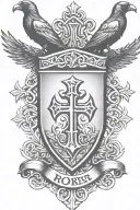 Rooker Family Crest with home in shield with  6 Crows on a celtic cross tattoo design idea