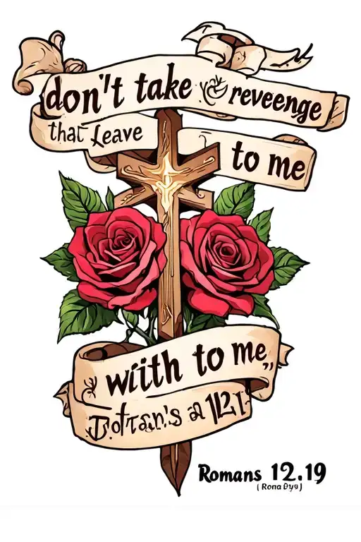 bible verse Romans 12:19 don't take revenge leave that to me with roses and a cross tattoo design idea