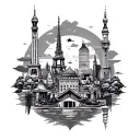 A tattoo design showcasing iconic landmarks from Asia, Europe, and South America in a cohesive and visually striking composition tattoo design idea