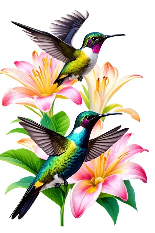 3 hummingbirds in a row in front of a lily flower blooming tattoo design idea