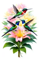 3 hummingbirds in a row in front of a lily flower blooming tattoo design idea