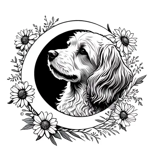 goldendoodle howling at the moon with wildflowers around it tattoo design idea
