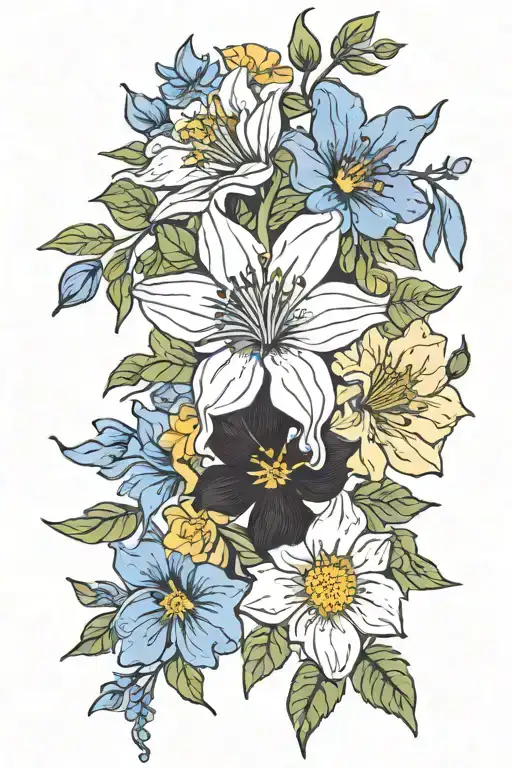 blue columbine, sego lily, california poppy, cherokee rose, black-eyed susan, yellow hibiscus flowers spread apart tattoo design idea