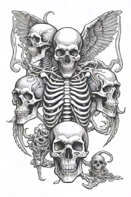 animal with three heads skeleton in the style of hp lovecraft, lots of detail and shading, gothic style tattoo design idea