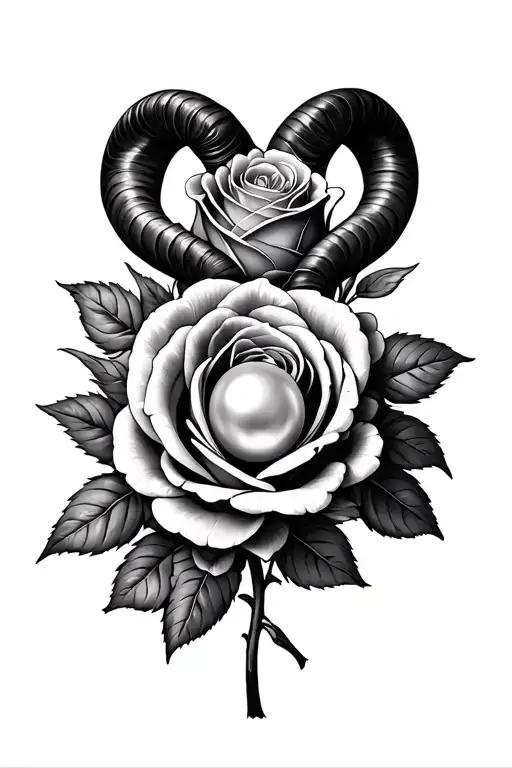 Aries zodiac sign intertwined garnet coloured roses with a Pearl in the middle tattoo design idea