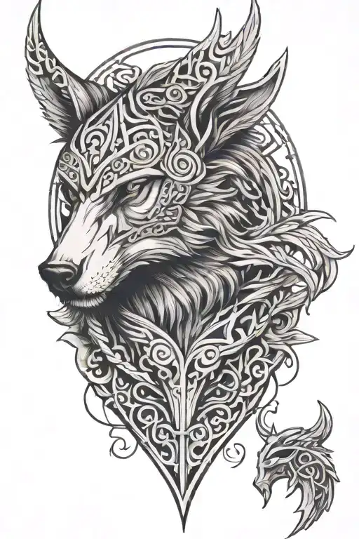 vikings, with a wolf head, with viking symbols  tattoo design idea