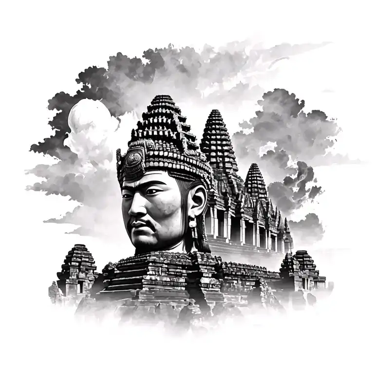 angkor wat on top of samurai background tattoo design idea