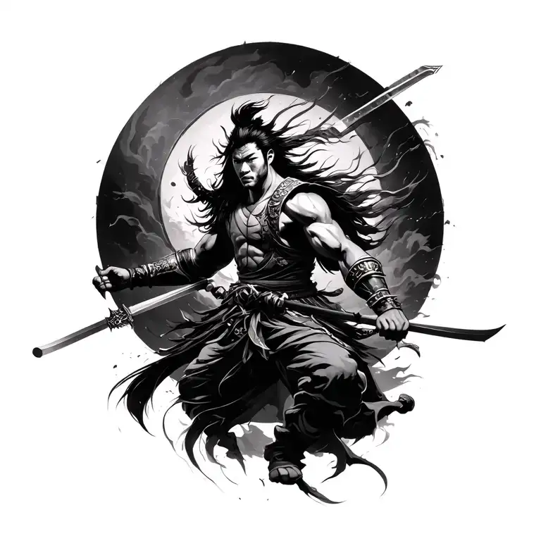 Taiwanese / asian warrior battling tattoo design idea