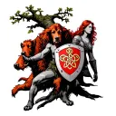 Oak Tree being protected by an Irish Red Setter, a Red Boar and a Red Haired Female Celtic Warrior yielding a shield tattoo design idea