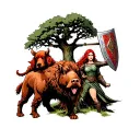 Oak Tree being protected by an Irish Red Setter, a Red Boar and a Red Haired Female Celtic Warrior yielding a shield tattoo design idea