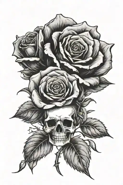 I want a black and white sleeve tattoo that contains a grave with a red rose on it. On the ground some birth flowers of  tattoo design idea