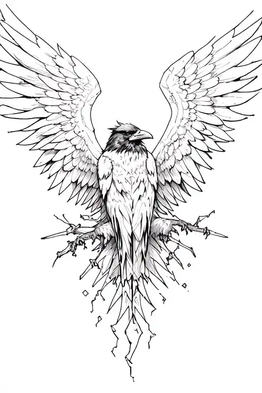 raven on a broken crown wings spread tattoo design idea
