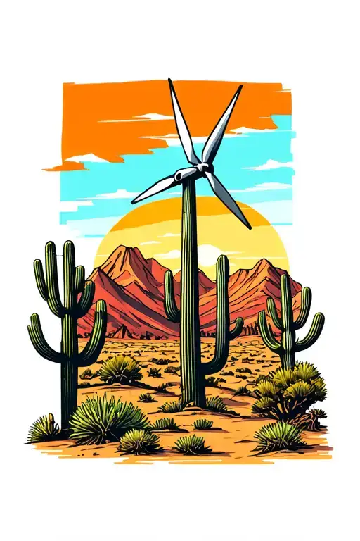 wind turbine in the desert with mountains a saguaro catus, tumble weed, joshua tree and a sunset tattoo design idea