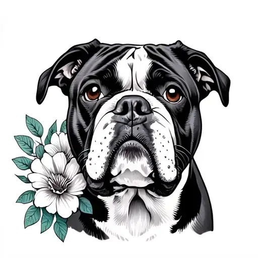 american bulldog and flowers tattoo design idea