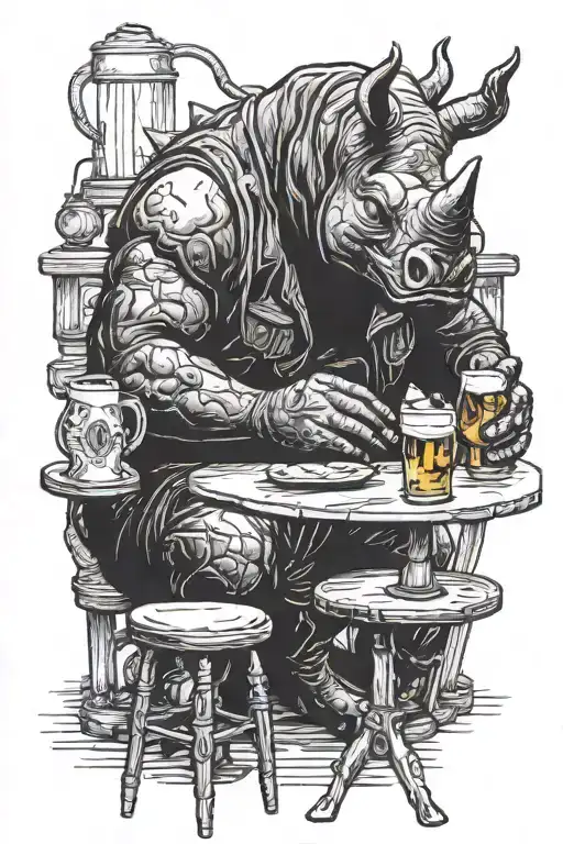 a humanoid with a rhinoceros face sitting at a table drinking a beer tattoo design idea