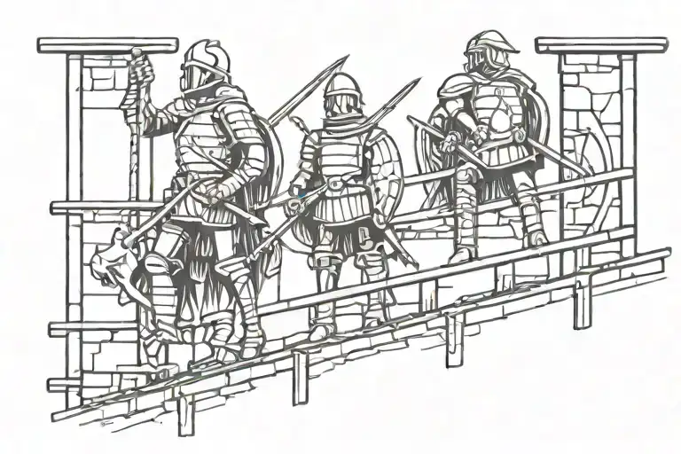 Medieval warriors with weapons in armor on a wooden siege ladder on the castle wall tattoo design idea