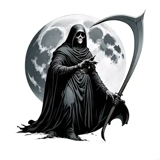 grim reaper holding his scythe with the moon in the background tattoo design idea