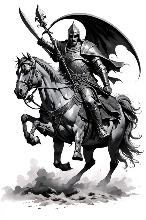 a crusader riding a horse slaying demons tattoo design idea