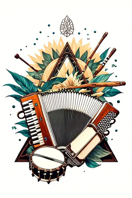Create a tattoo that contains the elements, zabumba, triangle, accordion, berimbau, tambourine, atabaque, tattoo design idea