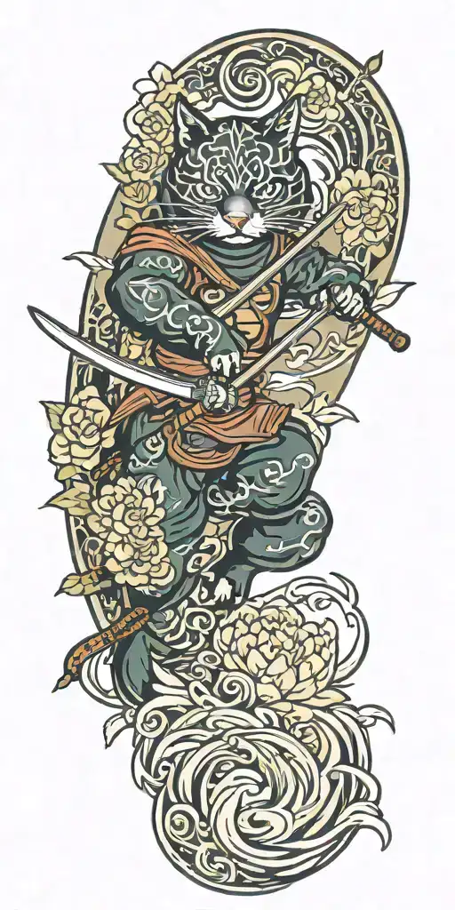 ninja cat surfing on a katana sword, tail, water, waves, lotus, sakura, clouds, whirlpool, leaves, peony tattoo design idea