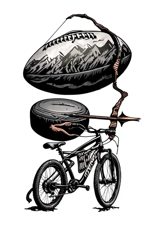 Sleeve tattoo with a rugby ball, mountain bike, bow and arrow and a curling puck tattoo design idea