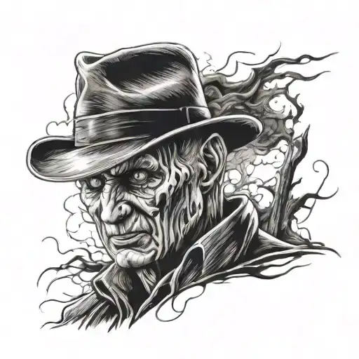 A detailed portrait of a famous horror movie villain like Freddy Krueger or Michael Myers tattoo design idea