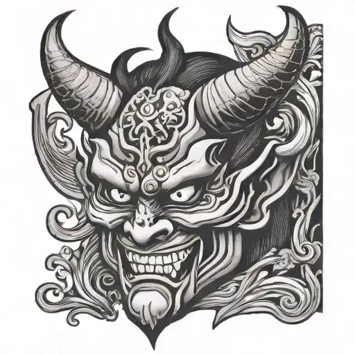 Japanese Mask devil horns with cut off head profile holding tattoo design idea