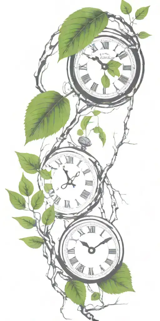 birch tree branches and green leaves with only 3 clocks integrated into it for an arm sleeve tattoo design idea