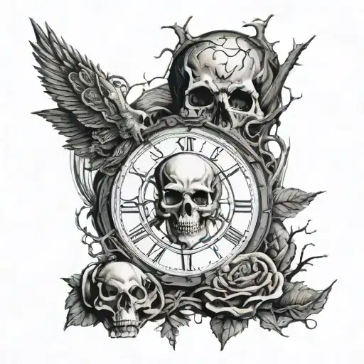 a skull, a compass and a clock, depicting time and death, and a dried tree, depicting nihilism, surrounded by mauri tattoo design idea
