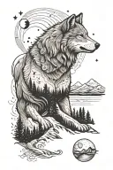 wolf in foreground with mountains in the background with Aries, Pisces, Libra, and cancer constellations in the sky tattoo design idea