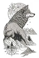 wolf in foreground with mountains in the background with Aries, Pisces, Libra, and cancer constellations in the sky tattoo design idea