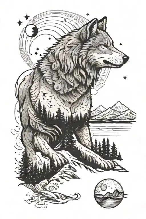 wolf in foreground with mountains in the background with Aries, Pisces, Libra, and cancer constellations in the sky tattoo design idea