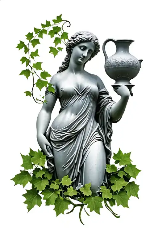 female statue surrounded by ivy leaves with a beautiful face holding a jug on her shoulder and another jug under her arm tattoo design idea