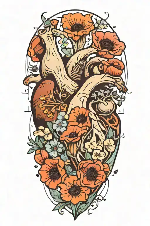 abstract design human heart, poppies, anemones, mushrooms, love and the letters J and C tattoo design idea
