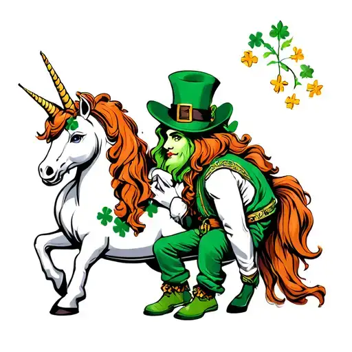 leprechaun and unicorn mourning their friend tattoo design idea
