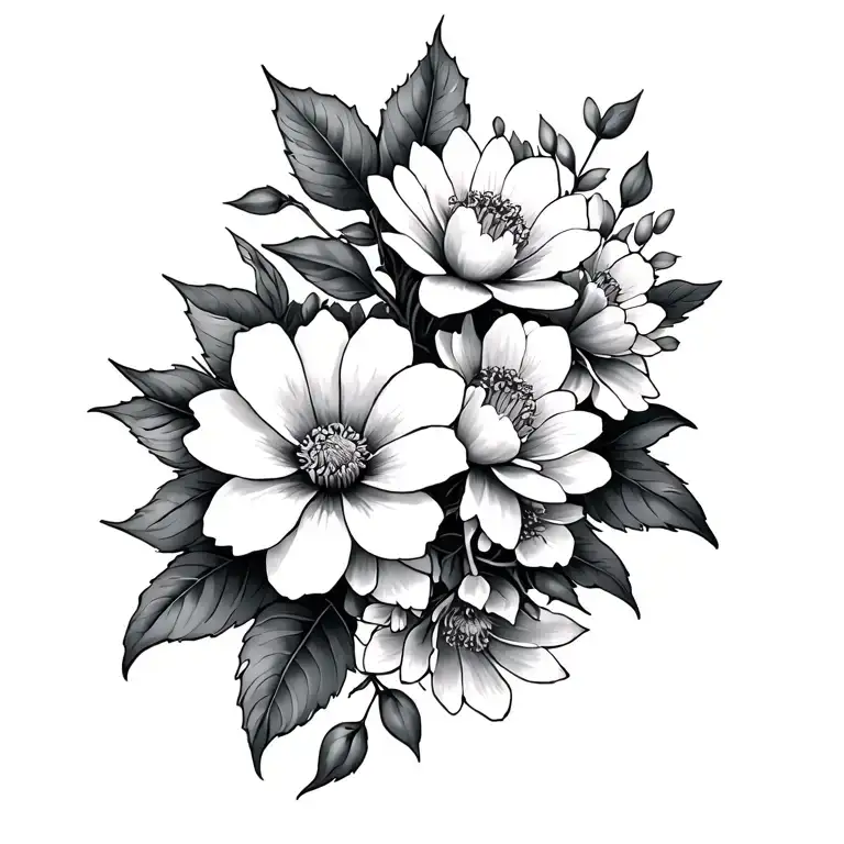 design me a shoulder tattoo with primrose, cherry blossoms, waterlily and cosmos tattoo design idea