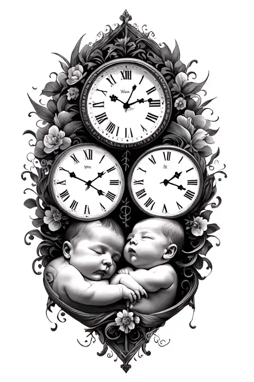 double birth clocks side by side tattoo design idea