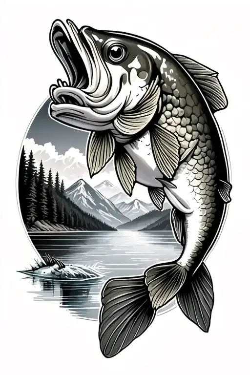 bass fish jumping, mountains, a lake scene tattoo design idea