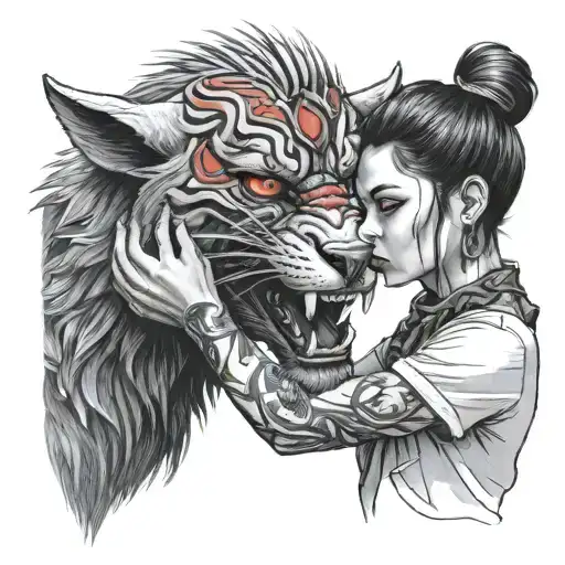 a girl soothing a snarling beast with red eyes tattoo design idea