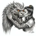 a girl soothing a snarling beast with red eyes tattoo design idea
