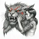 a girl soothing a snarling beast with red eyes tattoo design idea