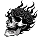 flaming skull with black rose in it's mouth open tattoo design idea