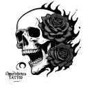 flaming skull with black rose in it's mouth open tattoo design idea