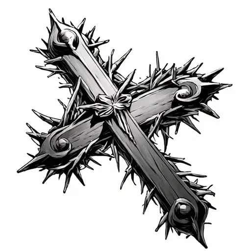 a cross mixed with joyboy from one piece anime and a crown of thorns tattoo design idea