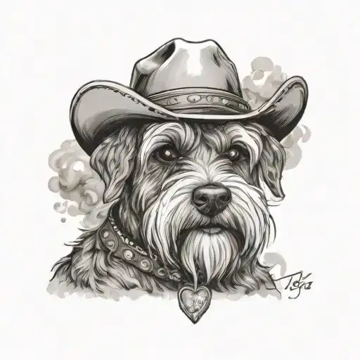 salt and pepper schnauzer with cowboy hat and brown eyes and a collar looking with smoke tattoo design idea