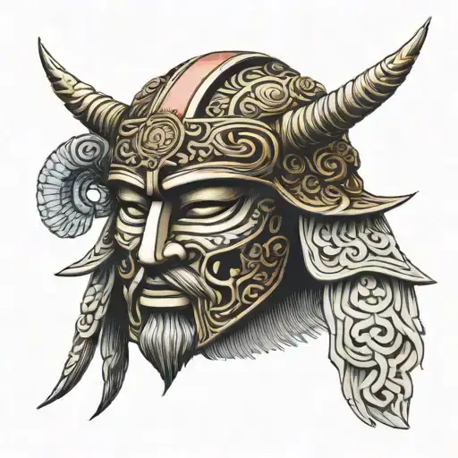 Greek style, fabric textures, Andrea Verrocchio, Japanese samurai mask. tattoo design idea