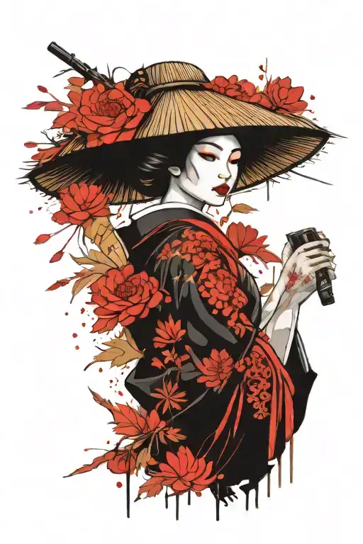 geisha using oriental straw hat holding a fan with chrysanthemum floral filler tattoo design idea