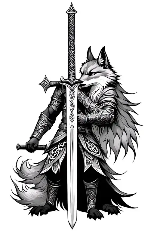 Fox Celtic warrior wielding a sword tattoo design idea